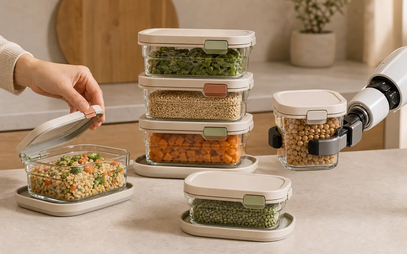 Stackable glass food vessels handled by a person and a robot