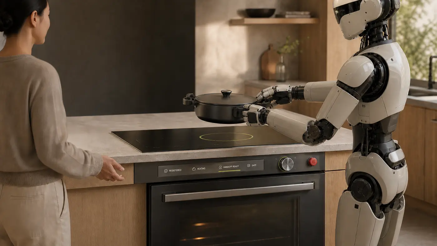 A humanoid robot holds a dual-grip pan above a bounded induction zone while a person waits nearby; the oven preserves physical controls, a cooking-state rail, and a guarded pause